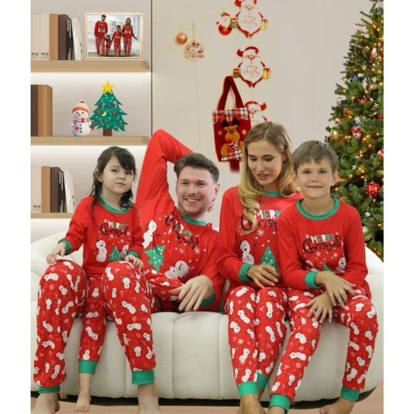 Men’s Large Christmas Pajama Set 2pc Long Sleeve Pj Snowman Tree Sleepwear NEW - Picture 3 of 6